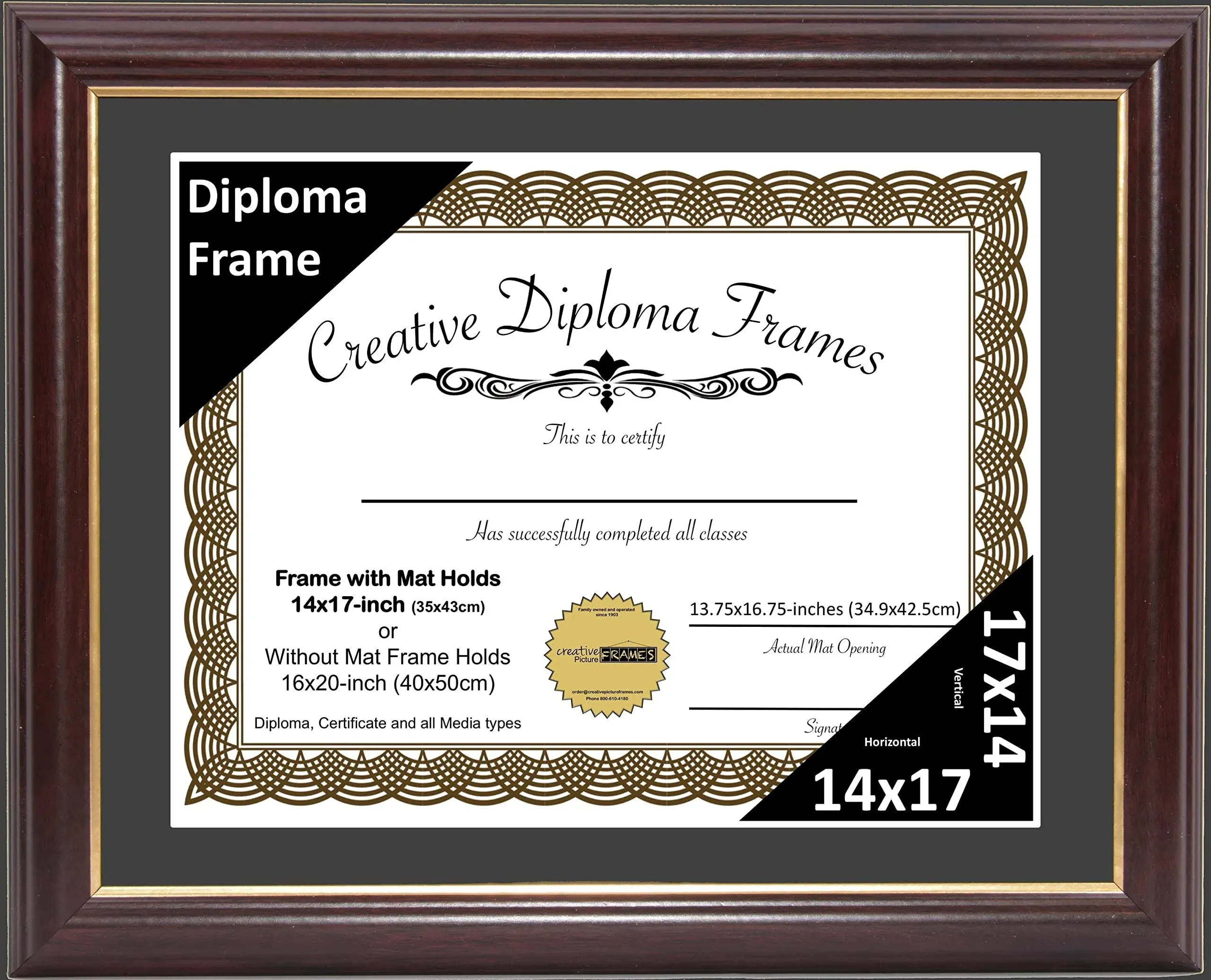 Creative Picture Frames 14x17 Mahogany Gold Rim Diploma Frame with Black Mat ...