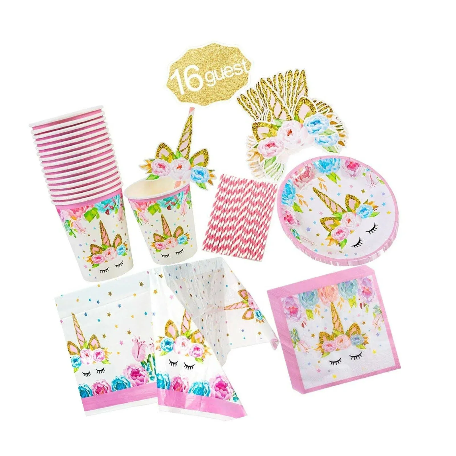 Unico Themed Party Supplies Set,Cake Plates,Cups,Napkins,Tablecloth,Straws&Decoration,Paper Disposable Tableware Set for Girls Children Birthday Party or First ,Baby Shower, Serves 16 Guests