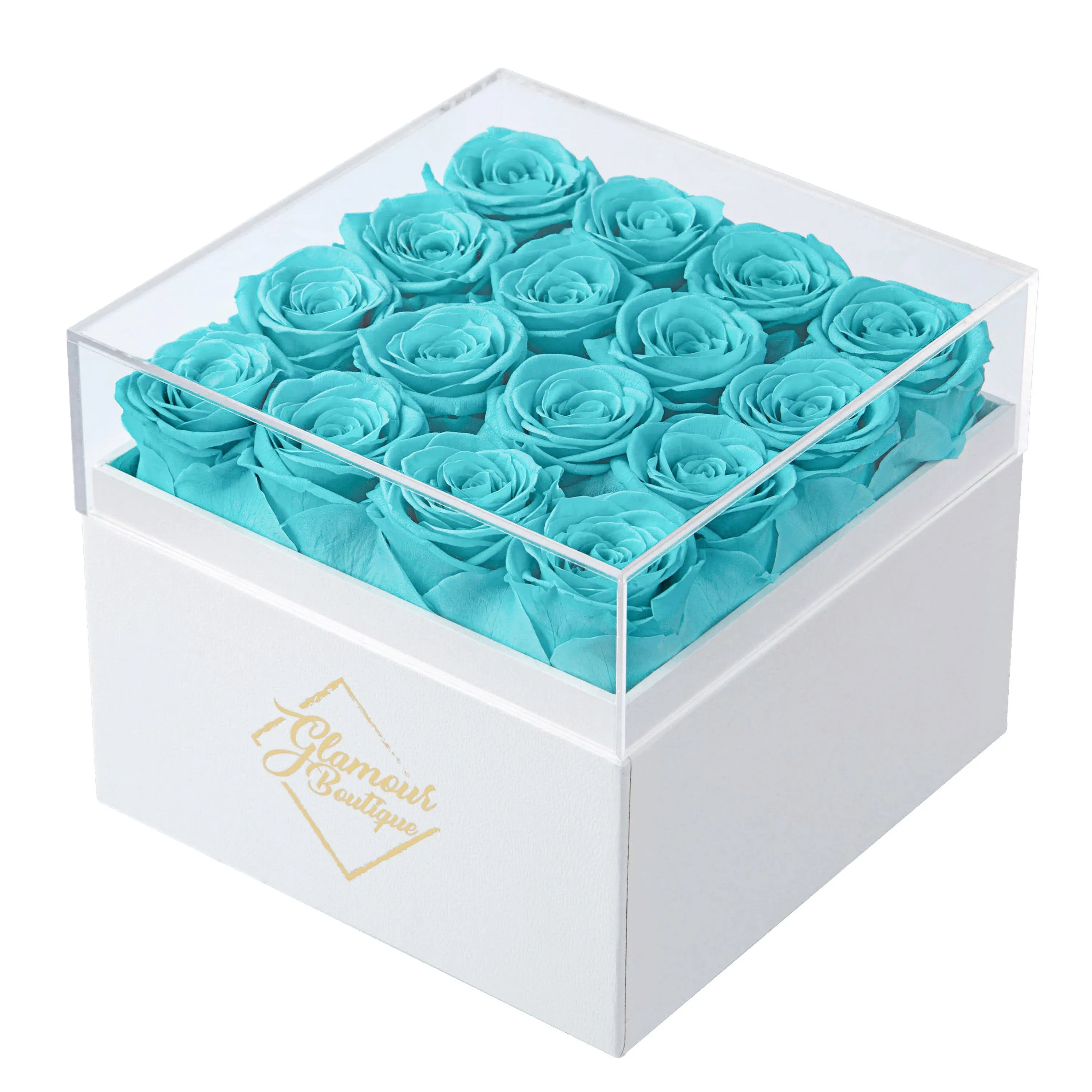 Glamour Boutique Preserved Roses in A Box - Valentines Day Gifts for Her & Mom, 16-Piece Rose Flowers Decor for Birthday Gift, Cased in White Box