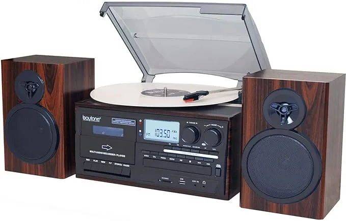 BT-28MB, Bluetooth Classic Style Record Player Turntable with AM/FM Radio, CD...