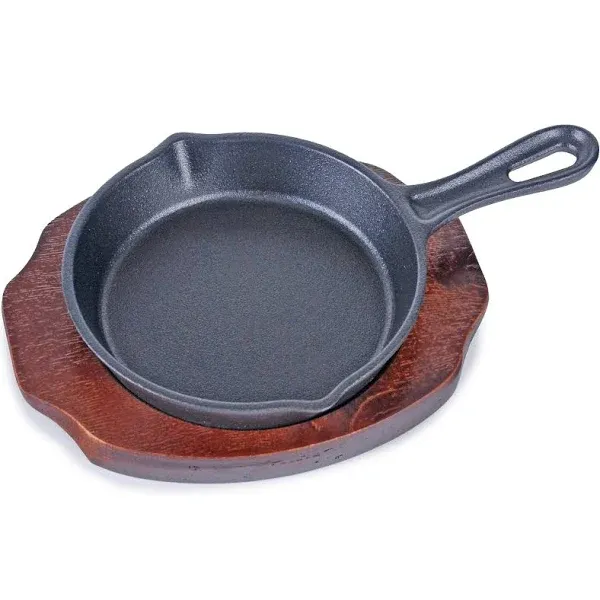 FMC Fuji Merchandise Corp Pre-Seasoned Nonstick Durable Cast Iron Skillet Fry Pan Cookware with Wooden Base (6.25"D x 1.25"H)