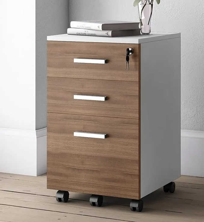 Lazio File Cabinet with Lock - Filing Cabinet for Home and Office - 3 Drawer File Cabinet with Wheels for A4 Sized Letters/Documents, Legal Sized Documents, Hanging File Folders (Golden Walnut/White)