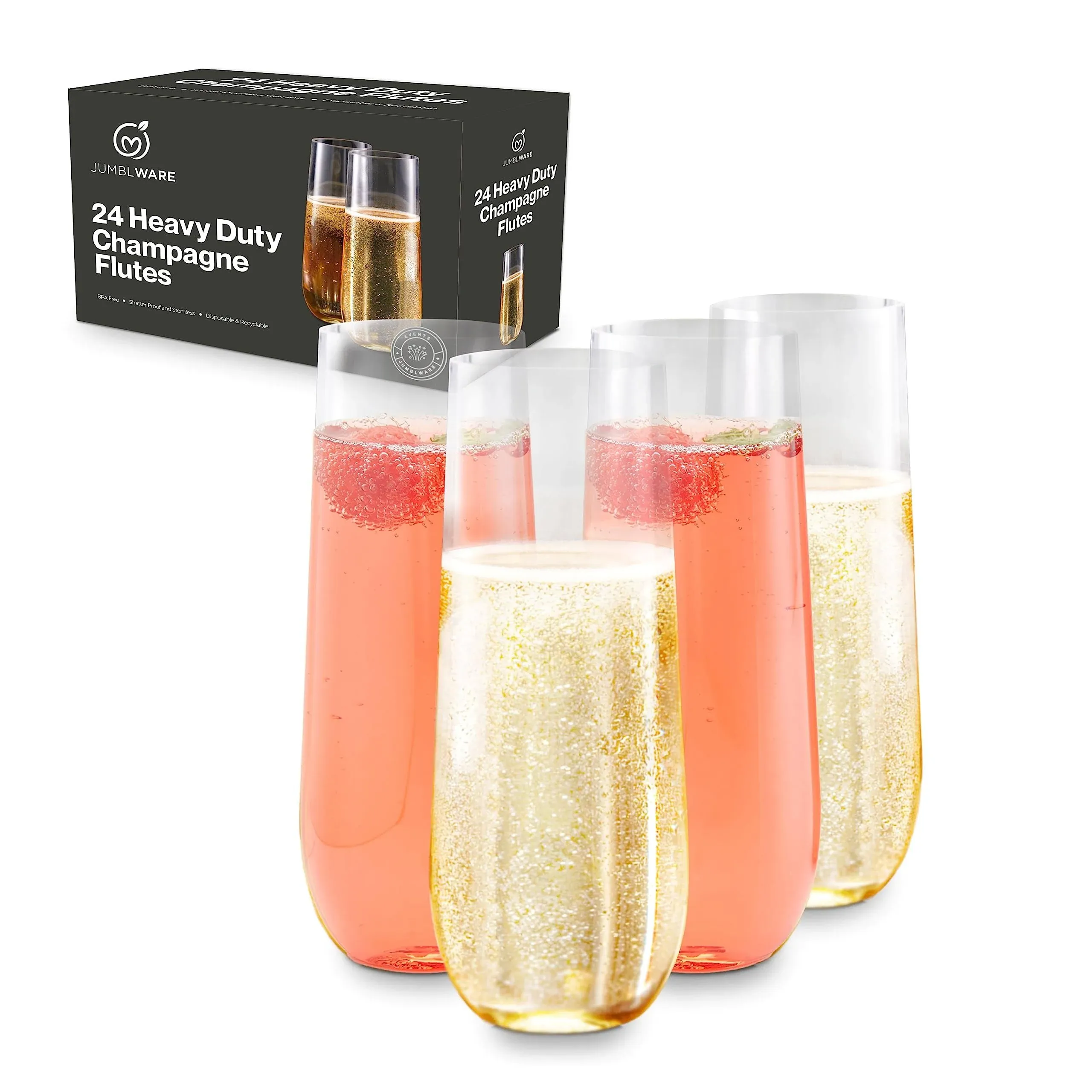 JumblWare 24 Stemless Champagne Flutes Heavy-Duty Clear Plastic 9 oz Toasting...