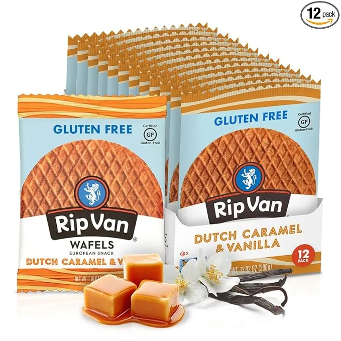 Rip Van Wafels Gluten-Free Dutch Caramel & Vanilla Stroopwafels, Healthy Snacks, Non-GMO, Low Sugar (6g), Low Calorie, 12 Count