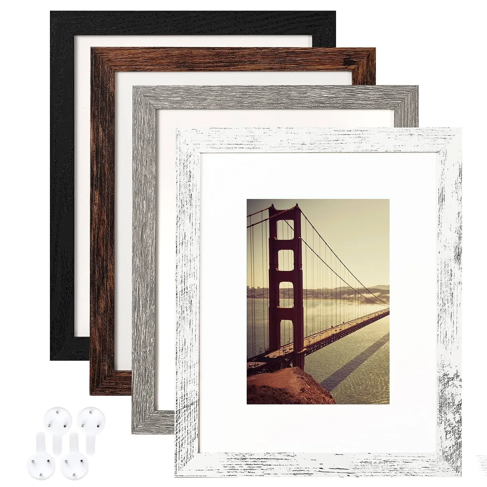 BAIJIALI 8x10 Picture Frame Distressed Farmhouse Wood Pattern Set of 4 with Tempered Glass,Display 5x7 with Mat or 8x10 Without Mat,Multicolour