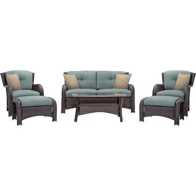 Hanover Strathmere 6-Piece Wicker Patio Conversation Set with Blue Cushions Lowes.com