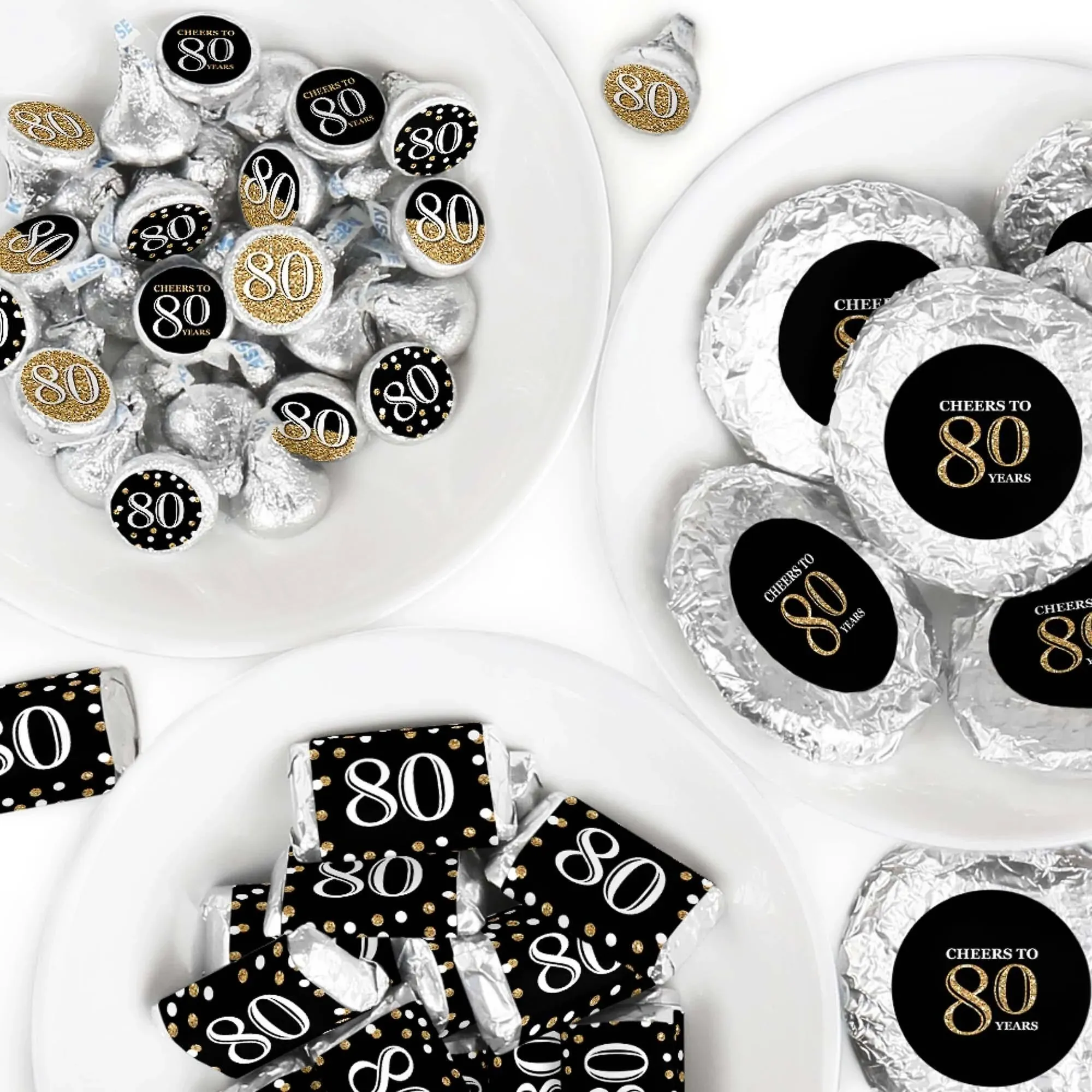 Adult 80th Birthday - Gold - Mini Candy Bar Wrappers, Round Candy Stickers - Eightieth Birthday Party Candy Favor Sticker Kit - 304 Pieces