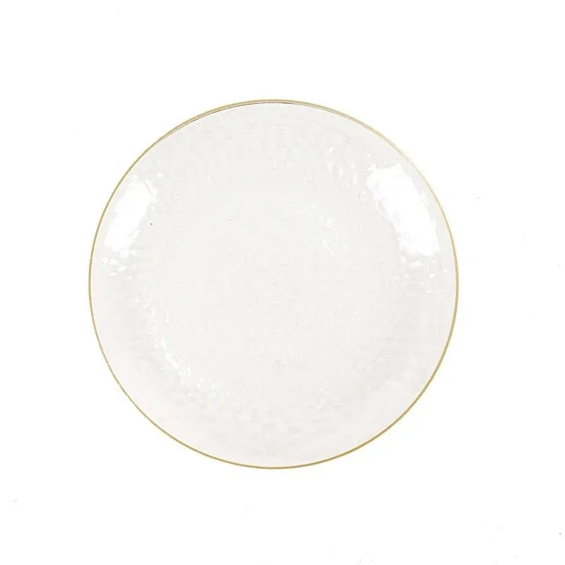 10 Round Clear Hammered Plastic Salad Dinner Plates with Gold Rim 9"