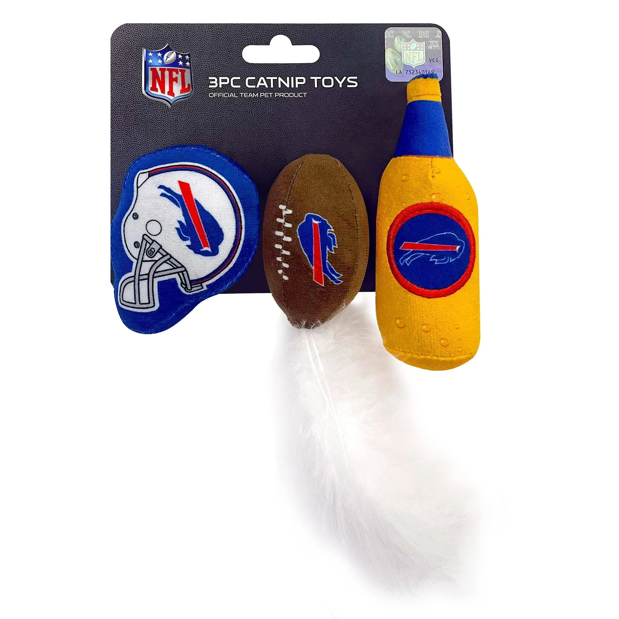 BEST PLUSH CAT TOY - NFL BUFFALO BILLS Complete Set of 3 piece Cat Toys filled with Fresh Catnip. Includes: 1 Helmet Cat Toy, 1 Football Cat Toy with Feathers & 1 Beer Bottle. Beautiful Team LOGOS