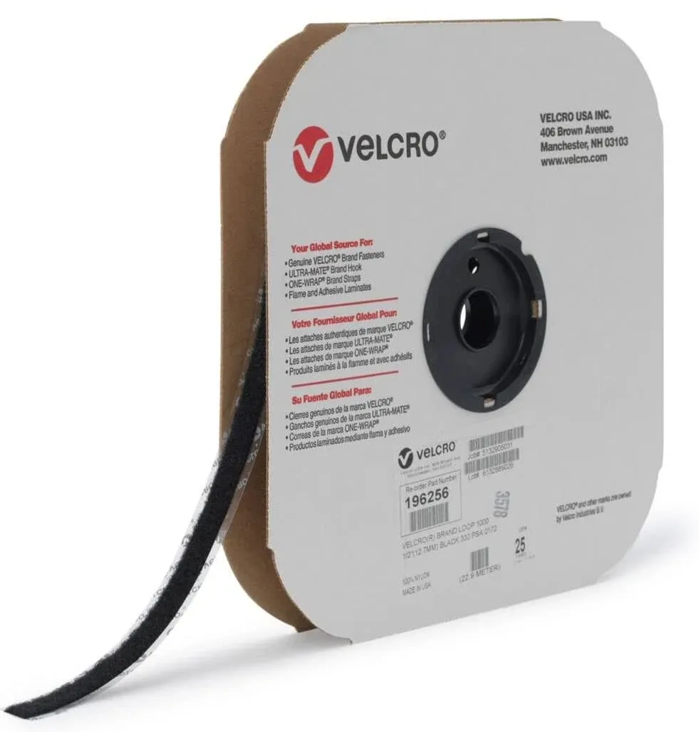 VELCRO Brand 75Ft Business Size Bulk Tape Roll | Loop Side Only | Sticky Back Pressure Sensitive Adhesive | For Large Home or Office Projects | 25 Yards by ½in, Black