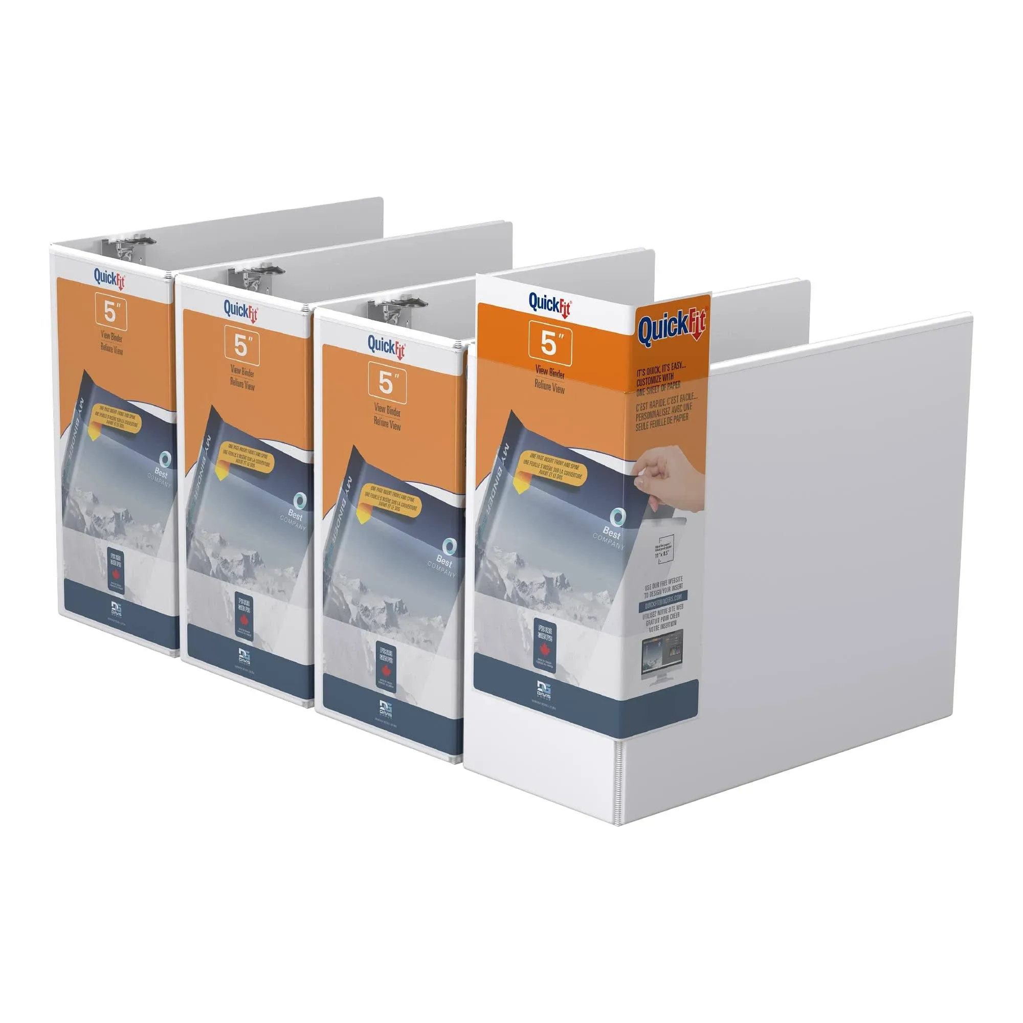 Quickfit View Binder, 3-Ring Binder, Angle D Ring, 5 Inch, White, Pack of 4,8707