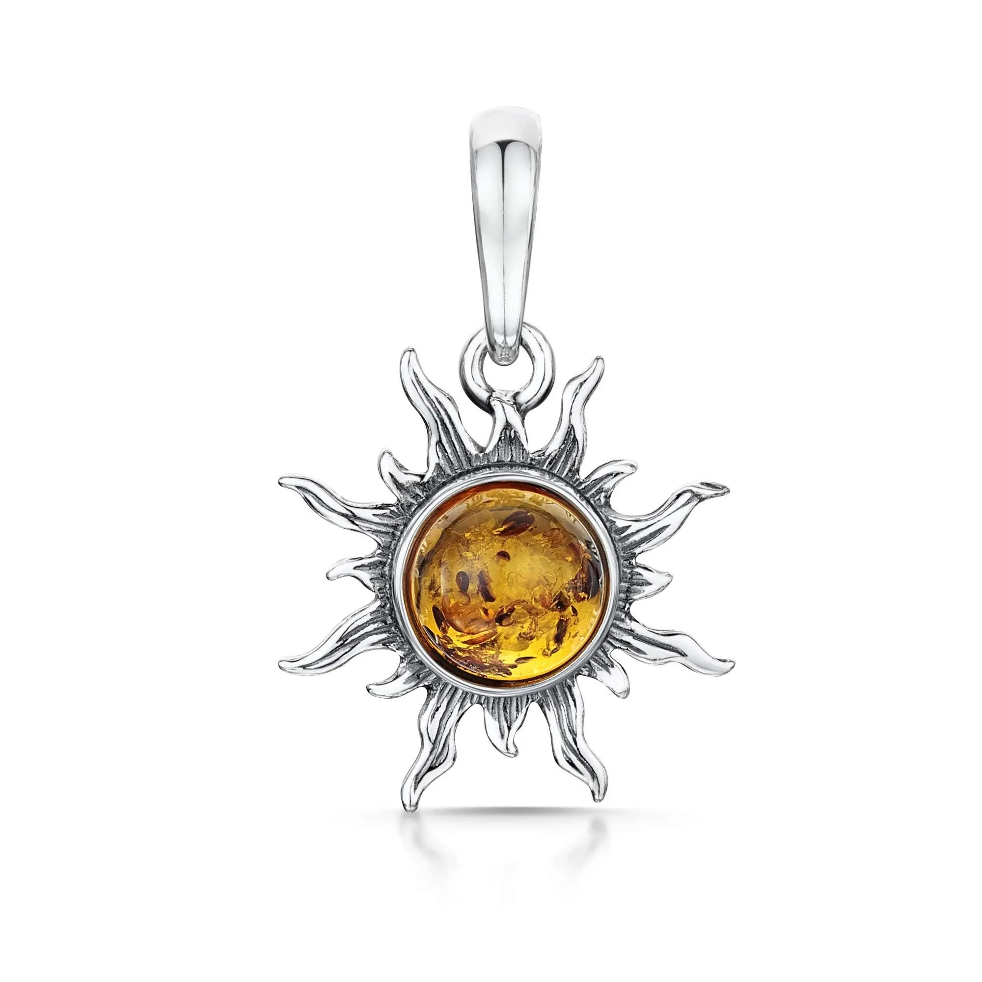 925 Sterling Silver Sun Pendant for Women - Genuine Baltic Amber - Honey Stone C