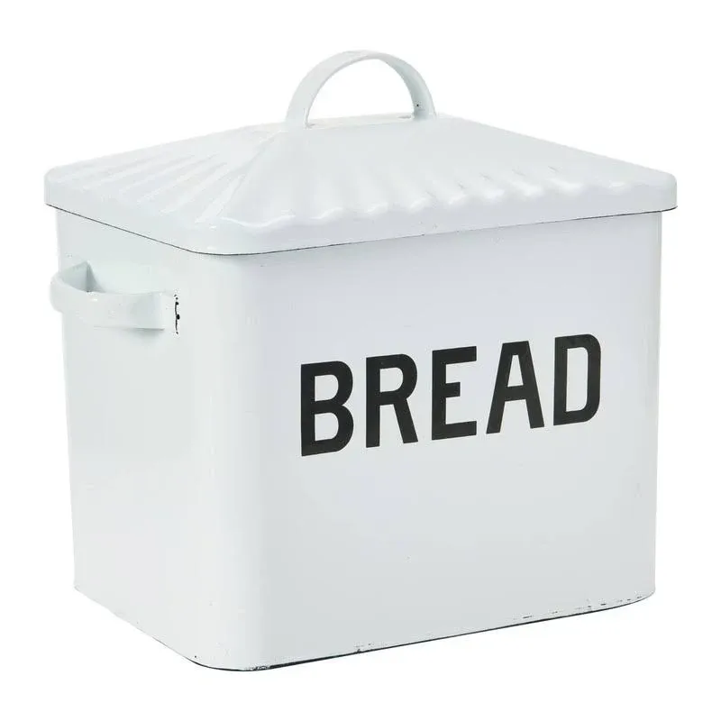 Creative Co-op Enameled Metal Distressed Bread Box with Lid, White