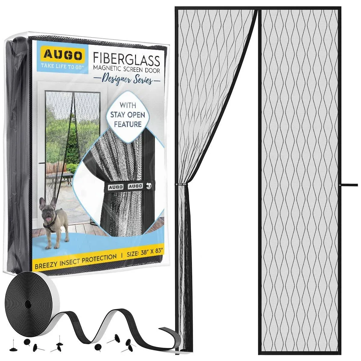 AUGO Magnetic Fiberglass Design Screen Door - Self Sealing, Heavy Duty, Hands Free Mesh Partition Keeps Bugs Out - Door Screen Magnetic Closure - Patent Pending Keep Open Feature - 38 Inch x 83 Inch