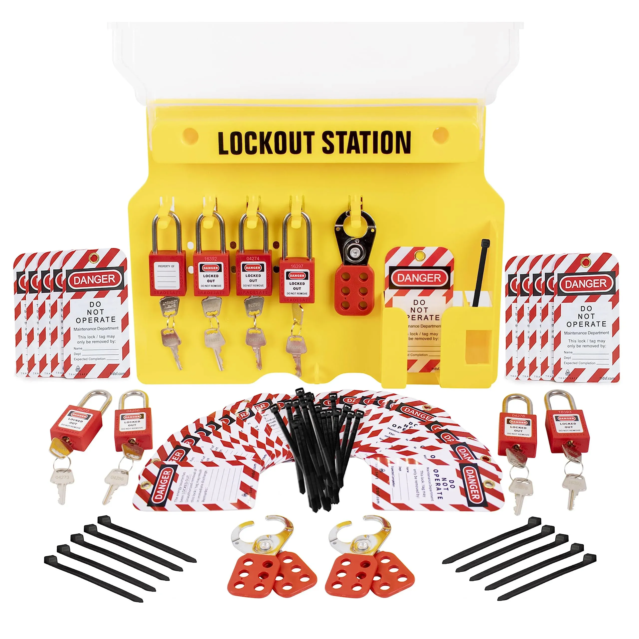 TRADESAFE Lockout Tagout Station with Loto Devices - Lock Out Tag Out Kit Board Includes 8 Pack Safety Lock Set, 3 Hasps for Padlocks, 30 Do Not Operate Tags for Lockout Safety, OSHA Compliance