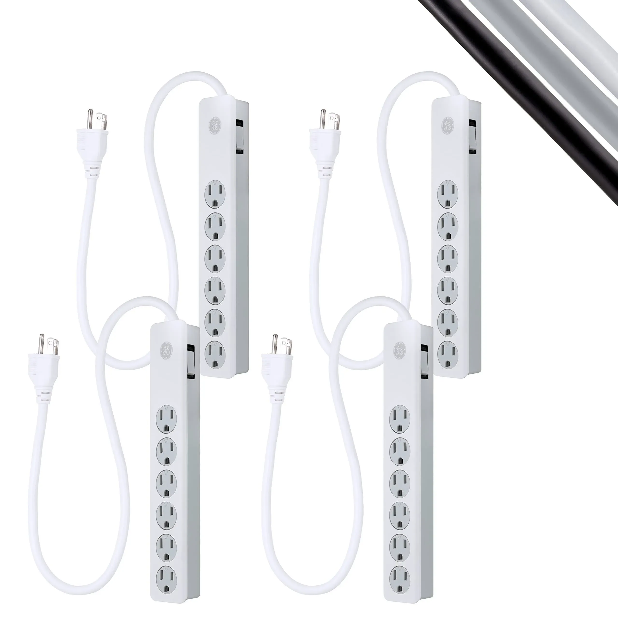 GE 6-Outlet Surge Protector, 4 Pack, 2 Ft Extension Cord, Power Strip, 450 Joules, Heavy Duty Plug, Twist-to-Close Safety Covers, UL Listed, White, 54627