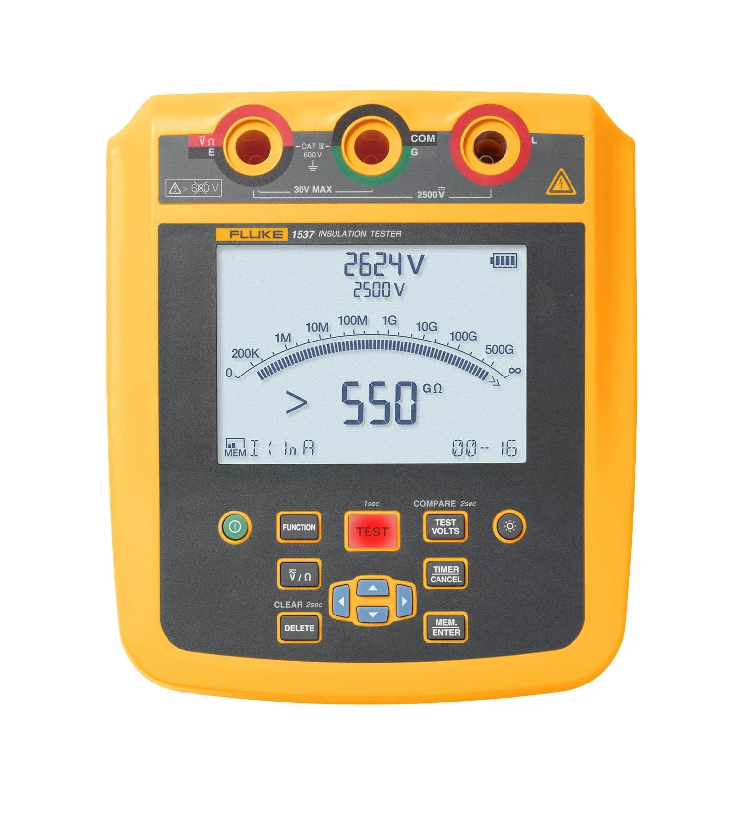 Fluke 1537, Insulation Tester, for Frontline Industrial and Electrical Insulation Testing, Test Voltages from 250 V to 2500 V and Resistance Measurements up to 500 GΩ