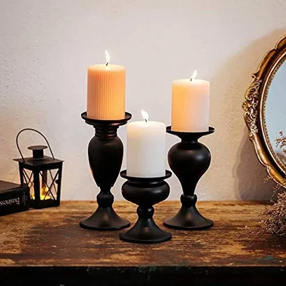 Metallic Pillar Candleholder Set for Candle Centerpieces, Table Mantel Firepl...