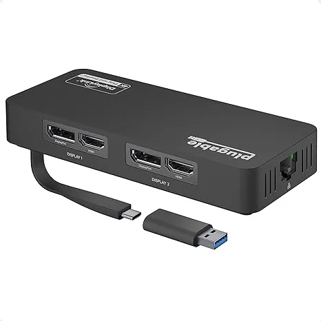 Plugable USB 3.0 and USB-C 4K DisplayPort and HDMI Dual Monitor Adapter with Ethernet