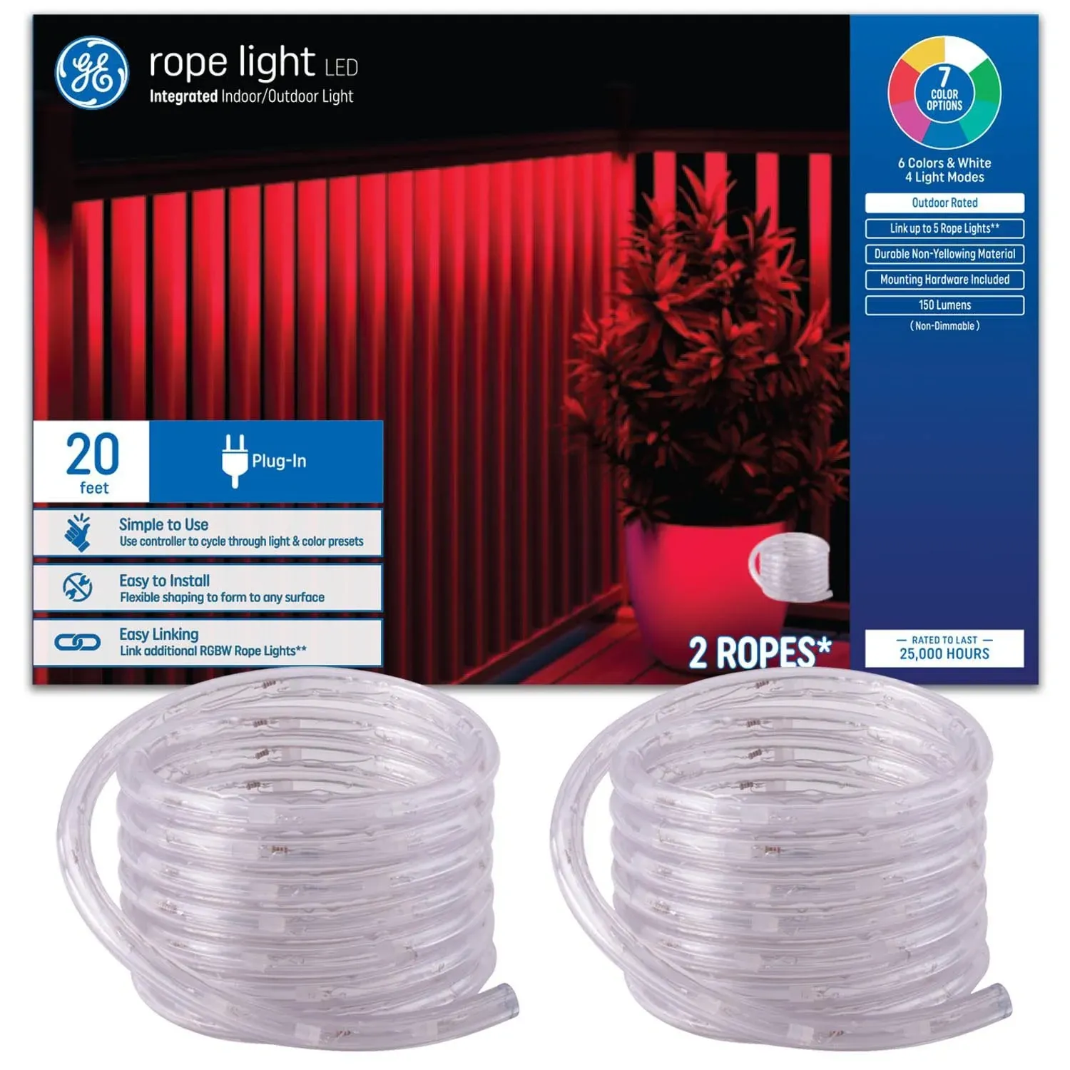 GE Rope Light Soft White 6W LED Outdoor Rated 10ft Plug-In Light Fixture