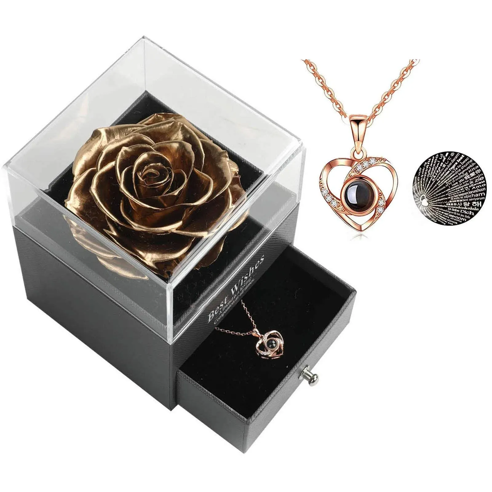 Preserved Real Rose Drawer with Heart Necklace I Love You in 100 Languages Gift 