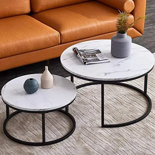 Modern Nesting Coffee Table Set of 2 for Living Room, Office, Balcony, Mid Century Round Wood Accent Coffee MDF Faux Marble Tabletop w/Black Color Frame, Gift for Thanksgiving Christmas -White