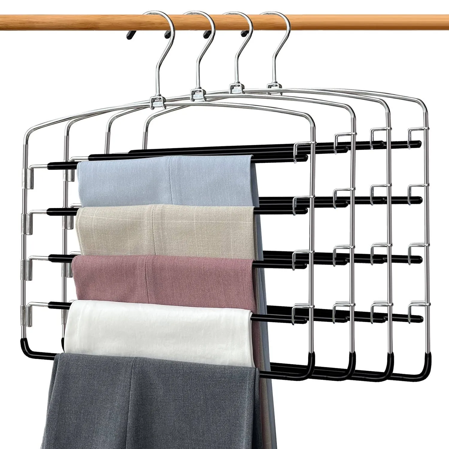 Pants Hangers 4 Pieces,5 Tier Closet Organizers and Storage Clothes Hangers,Hangers Space Saving with Swing Arm,Multiple Metal Hangers Clothes