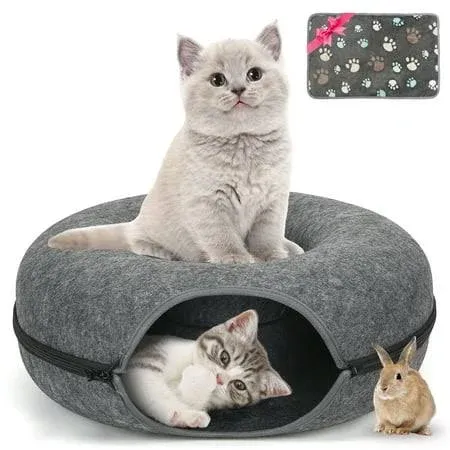 Cat Tunnel Bed,Peekaboo Cat Cave with Pet Blanket,Detach<wbr/>able Donut Tunnels fo...