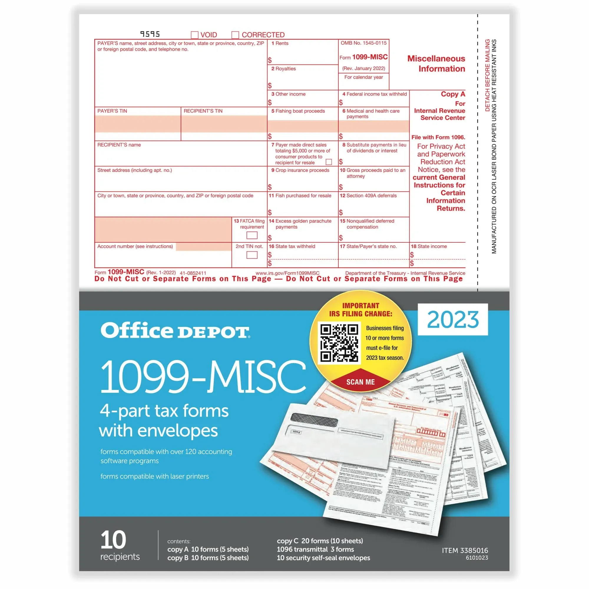 Office Depot 1099-MISC Laser Tax Forms And Envelopes, 4-Part, 8-1/2&#034; x 11&#034;, 10PK