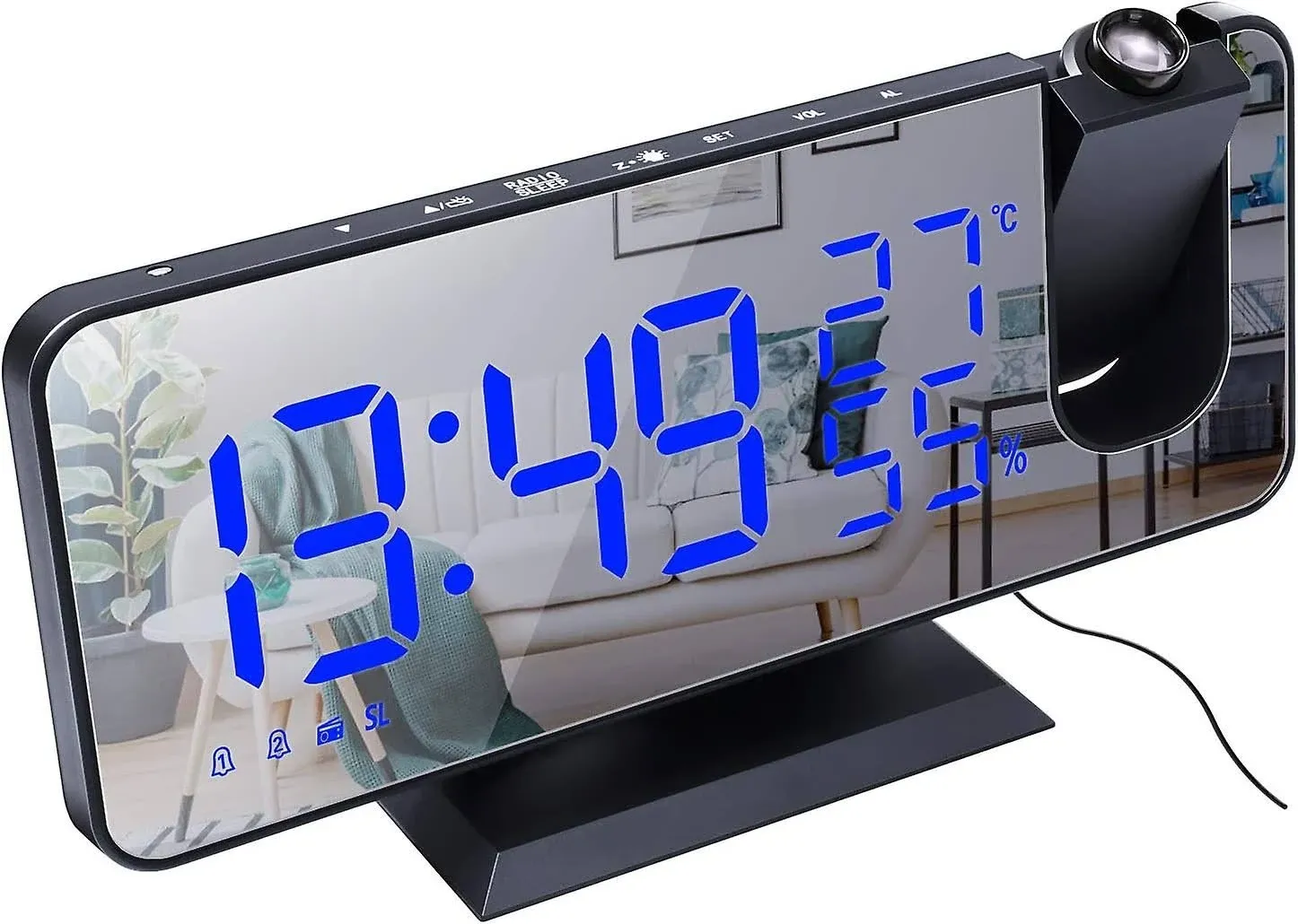 Number-one Projection Digital Alarm Clock for Bedrooms, FM Radio Black