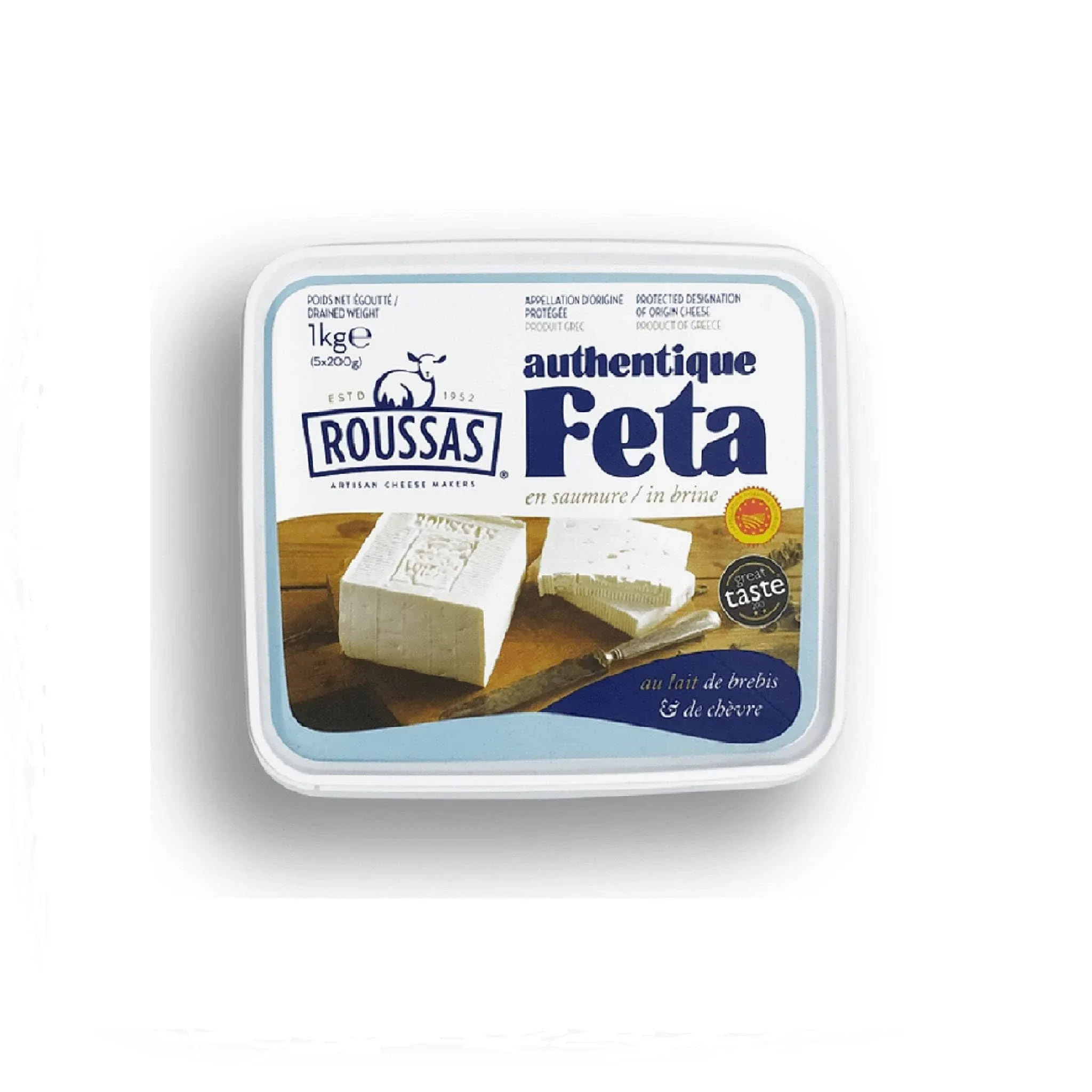 "Authentic Traditional Greek Roussas Feta Cheese - PDO Certified, Made with Sheep and Goat's Milk, 2.2 lbs"