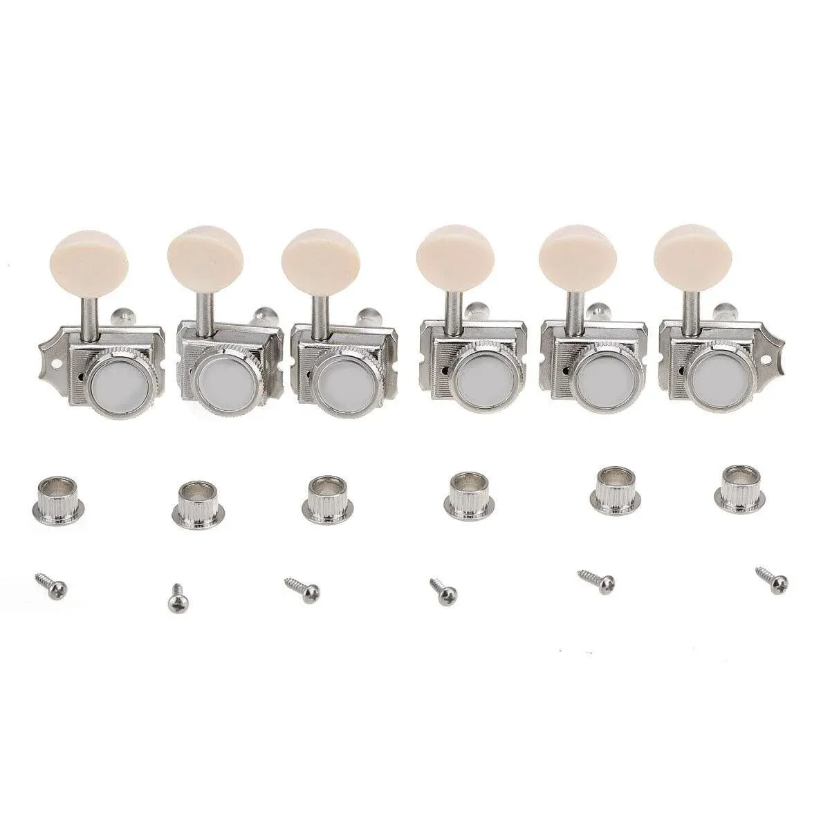 Musiclily Pro 6 inline Vintage Guitar Locking Tuners Guitar String Tuning Pegs Keys Machine Heads Replacement for Strat/Tele ST TL Style Electric Guitar, Nickel with Plastic Button