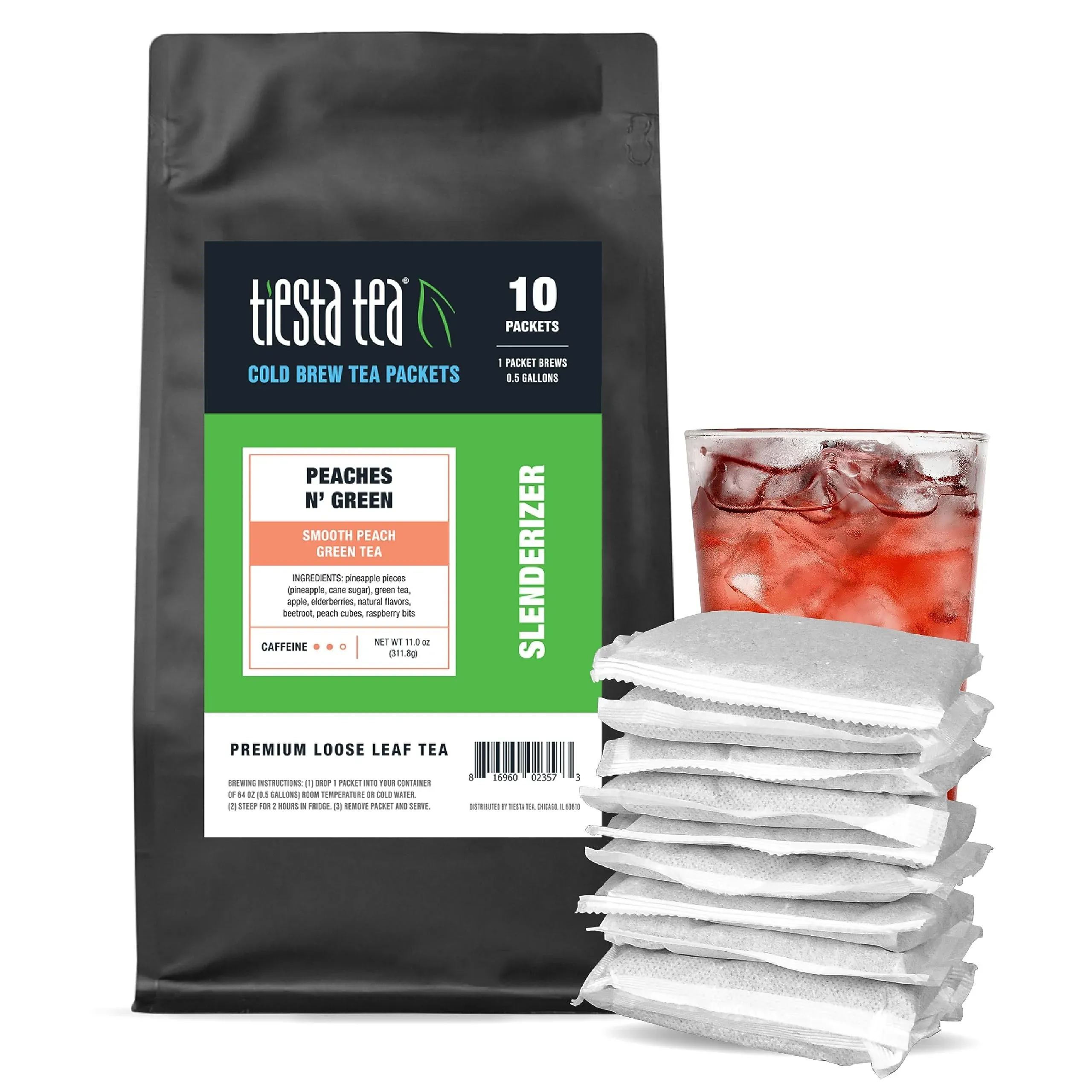 Tiesta Tea - Peaches N´ Green Cold Brew Tea - Smooth Peach Green Tea - Premium Loose Leaf Tea Blend - Medium Caffeinated Iced Tea - Cold Brew Tea Packets - Brews 64 oz of Pitcher Per Bag (Pack of 10)