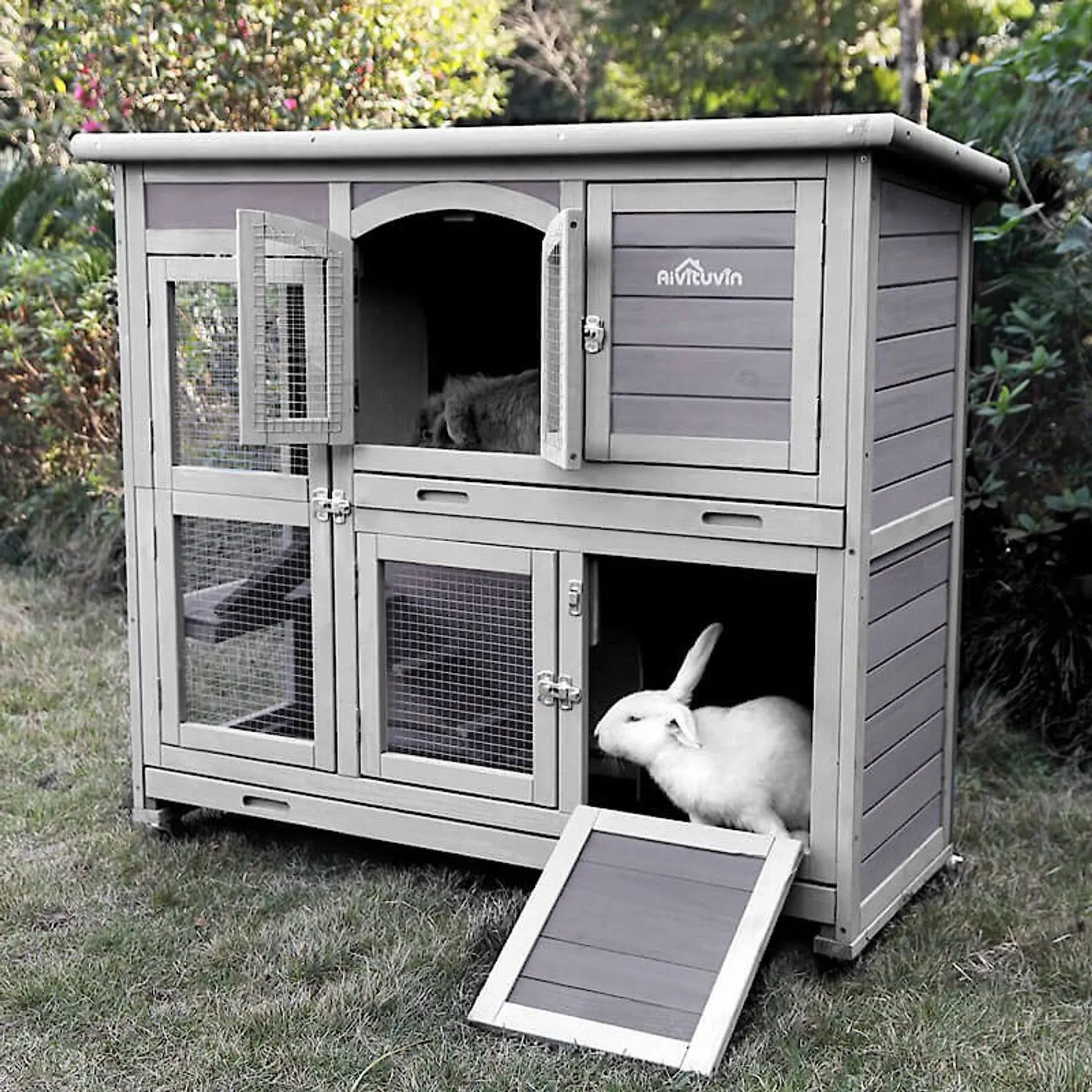 Aivituvin Indoor Bunny Cages 2 Story Rabbit Hutch with Wheel