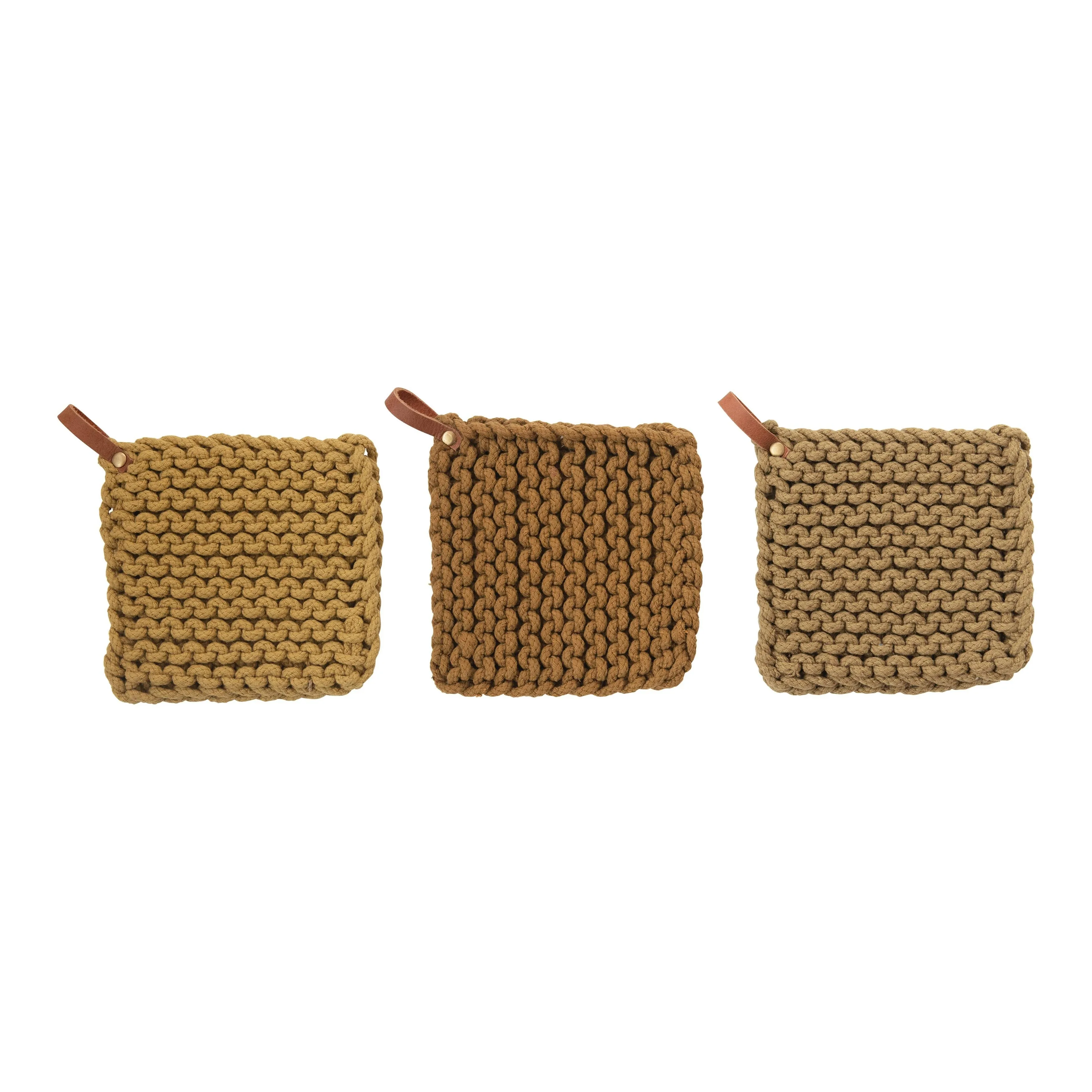 Creative Co-op Square Crochet Cotton Leather Loop, Set of 3 Colors Pot Holder ...