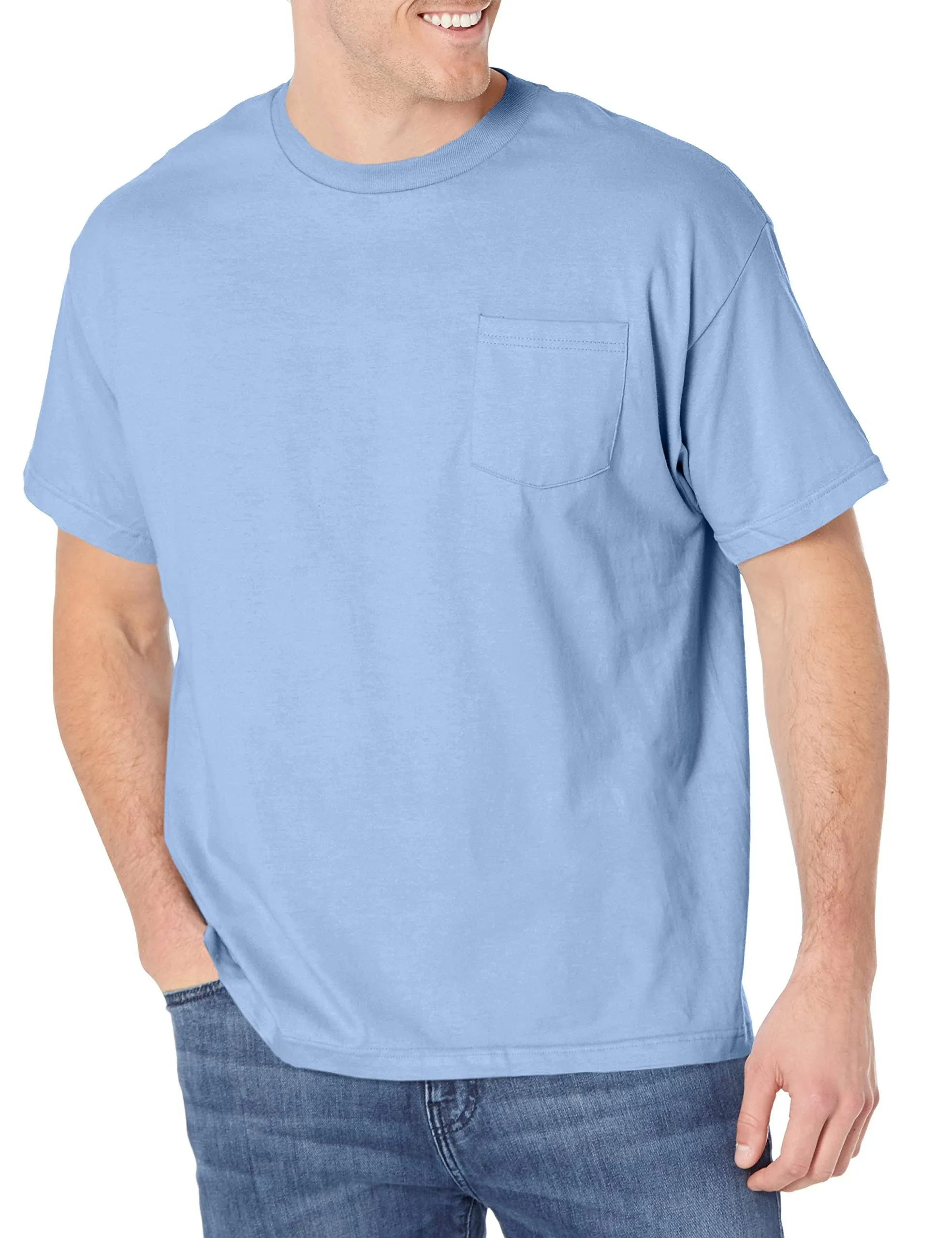 Hanes Men's 2 Pack Short Sleeve Pocket Beefy-T, Light Blue, Large