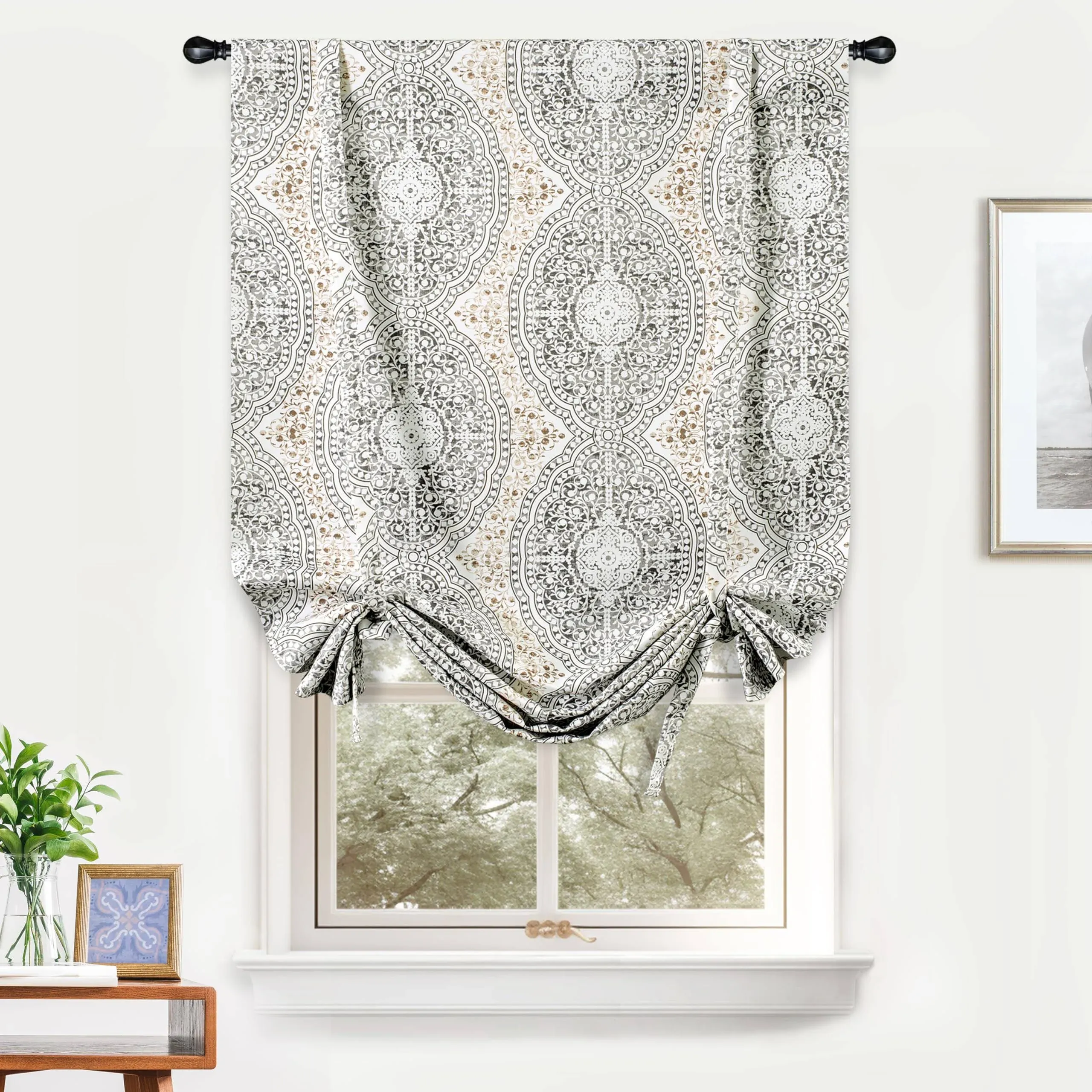 DriftAway Adrianne Tie Up Curtain Damask Floral Pattern Thermal Insulated Room Darkening Window Adjustable Balloon Curtain Shade for Small Window Rod Pocket Single 25 Inch by 47 Inch Beige and Gray