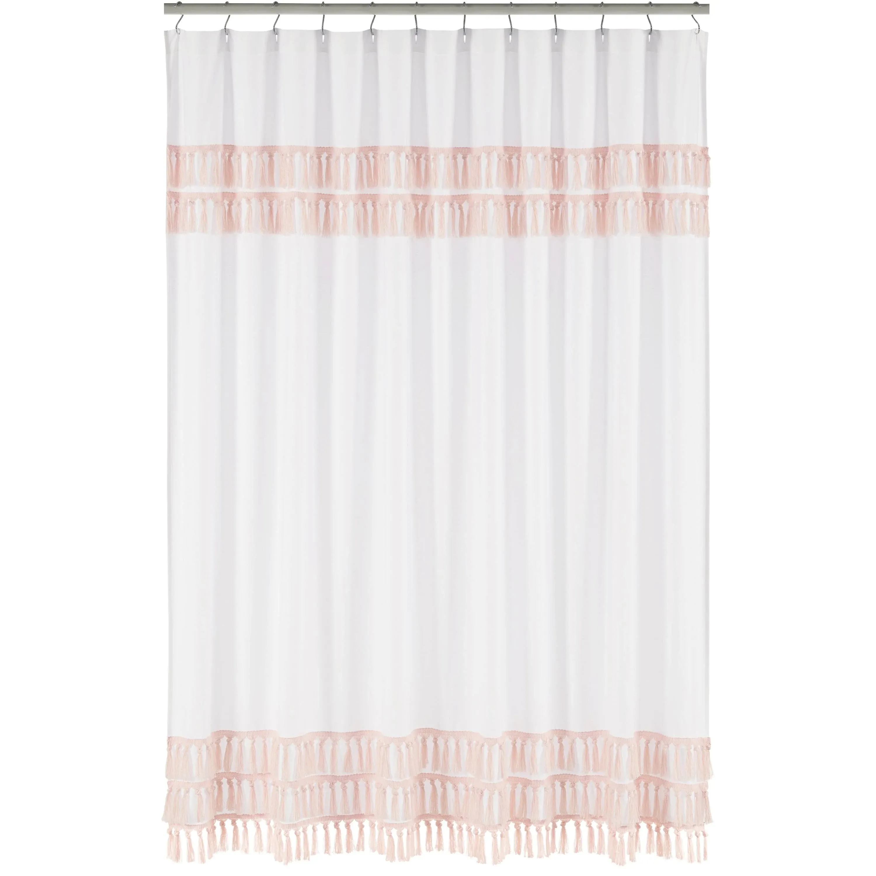 Sweet Jojo Designs Fabric Shower Curtain 72in.x72in. Boho Fringe White and Pink