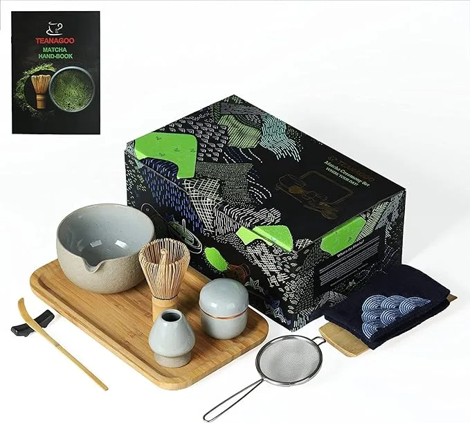 TEANAGOO Matcha Ceremony Set with tray, Japanese Tea Set, Matcha Bowl with Pouring Spout, Matcha Bamboo Whisk, Scoop, Sifter, Matcha Whisk Holder, Matcha whisk stand, Tea Powder Cainister, O2, Dk.Grey