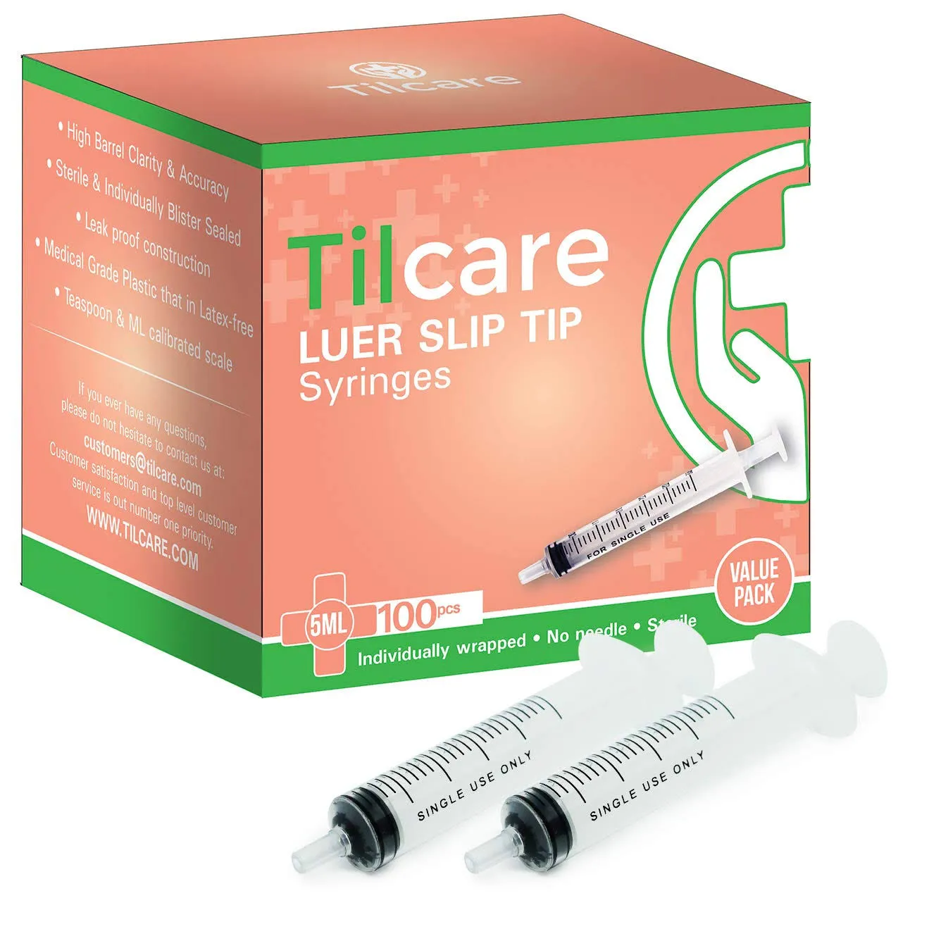 5ml Oral Dispenser Syringe Luer Slip 100 Pack by Tilcare - Sterile Plastic Medicine Droppers for Children, Pets & Adults – Latex-Free Medication Syringe Without Needle - Syringes for Glue and Epoxy