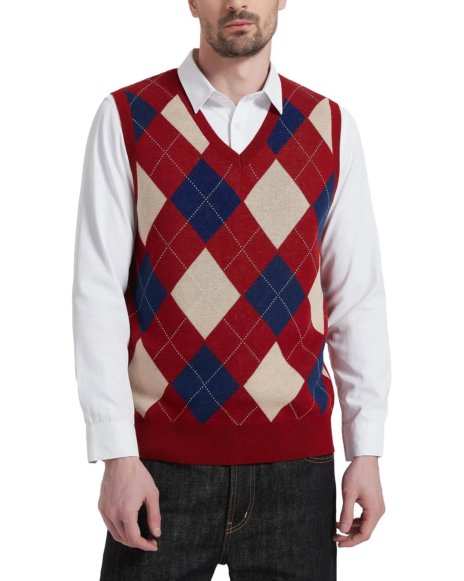 Kallspin Men's Argyle Vest Sweater Wool Blend V-Neck Sleeveless Pullover Sweater