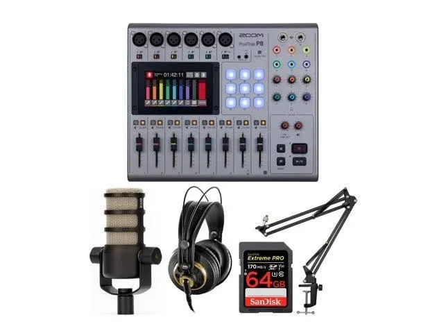 Zoom PodTrak P8 Podcasting Recorder Headphones Microphone and SD Card Bundle