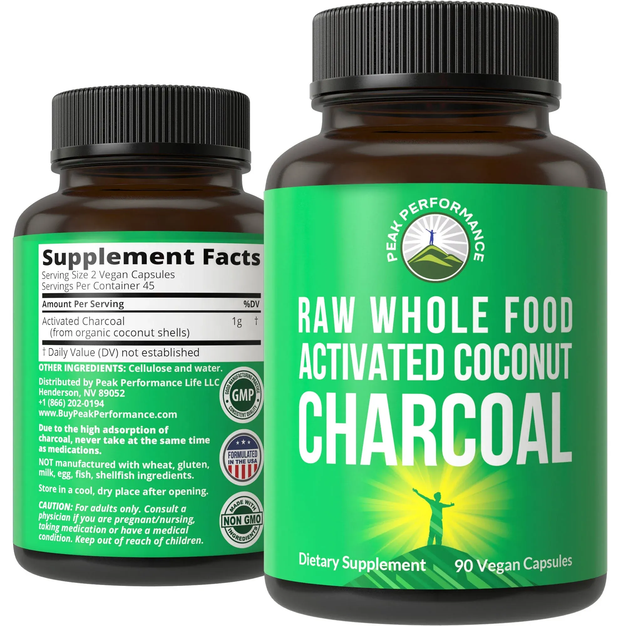 Peak Performance Activated Charcoal Vegan Capsules from Wild Harvested Coconut Shells. Best Safe Charcoal Pills Supplement for Detox, Gas Relief, Bloating. for Men and Women 90 All Natural Tablets