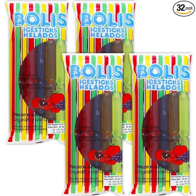 Bolis Freezer Pops - 4 Packs of Frozen Ice Pops in Assorted Fruit Flavors (32 Freezer Popsicles)