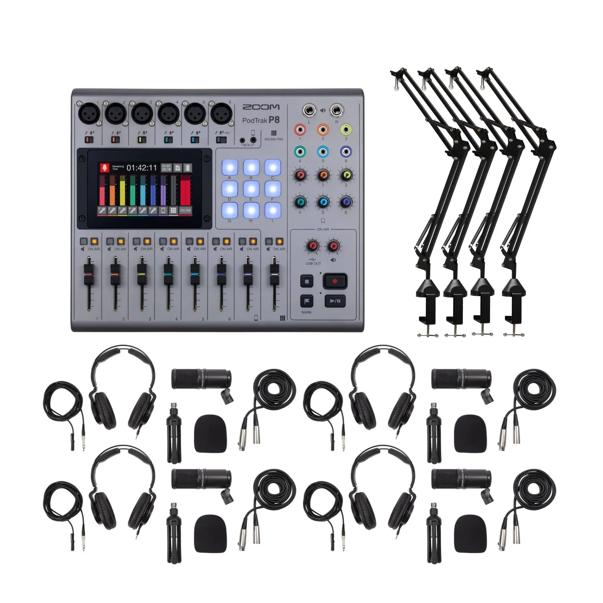 Zoom PodTrak P8 Multitrack Podcast Recorder + (4) Mic with Accessory - Ultimate Podcasting Bundle