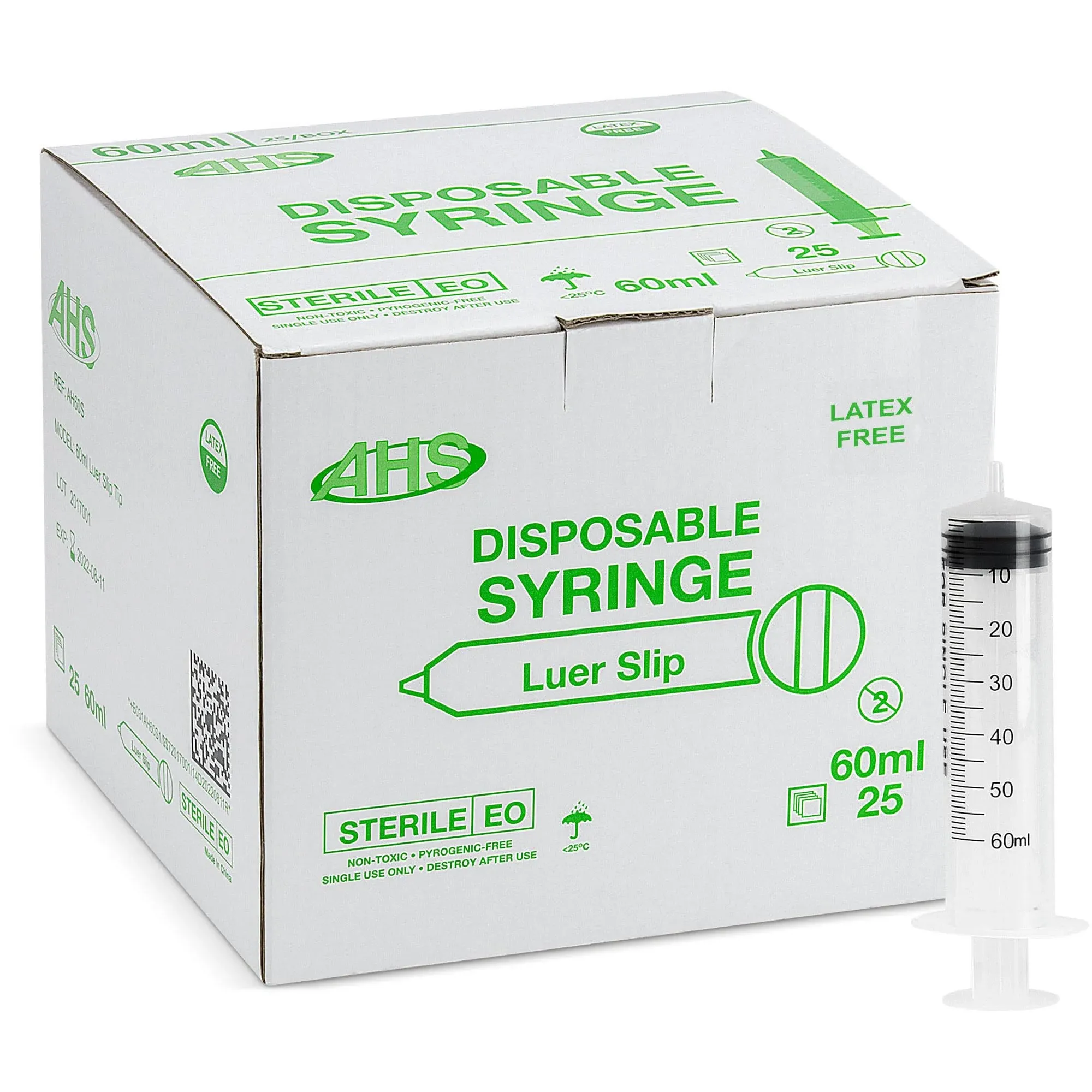 AHS 60ml (60cc ) Luer Slip Syringe, Sterile, 25/Box