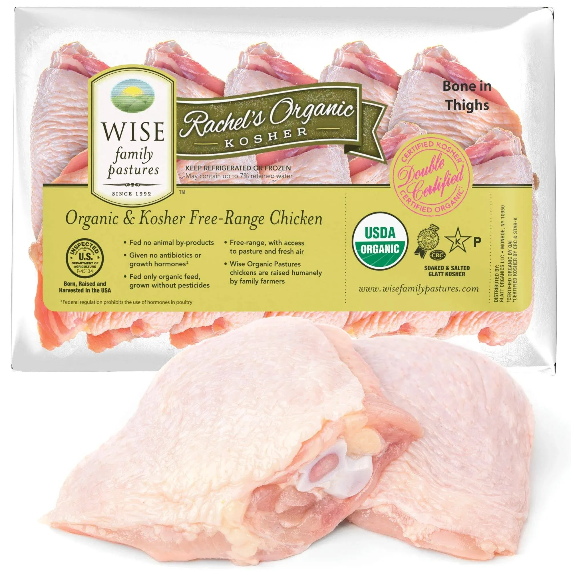 Wise Organic Double Certified Organic Bone-in Skin-on Chicken Thighs, Glatt Kosher, Non GMO, Free Range (8.75-9.25 Pounds, 20 Pcs Approx.)