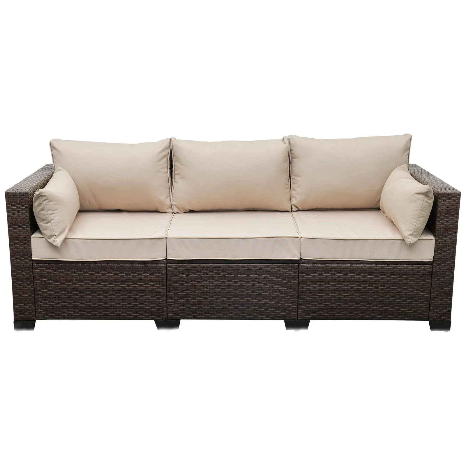 Waroom Patio Couch PE Wicker 3-Seat Outdoor Brown Rattan Sofa Deep Seating Furniture with Non-Slip Beige Cushion