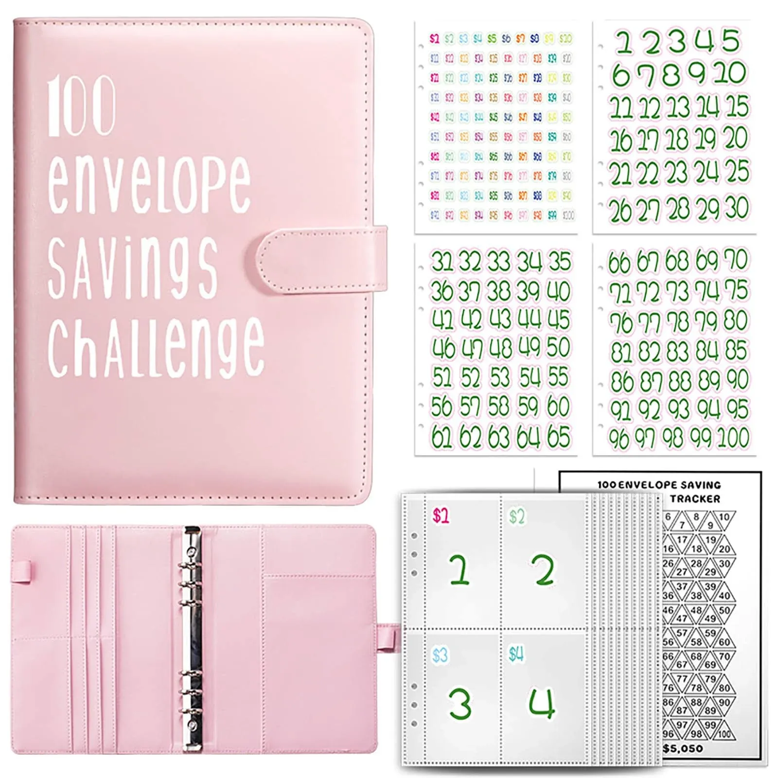 100 Envelopes Money Saving Challenge Savings Book with Cash Envelope, A5 Budget Binder Planning Booklet for Budget Planning and Saving Money Easily Save $5,050