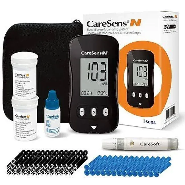 CareSens N Blood Glucose Monitor Kit with 100 Blood Sugar Test Strips, 100 Lancets, 1 Blood Glucose Meter, 1 Lancing Device, 1 Control Solution, Trave